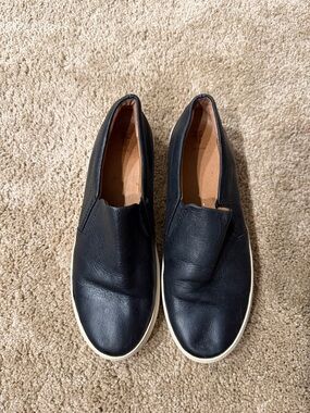 Frye Black Slip-On Leather Loafers with White Soles